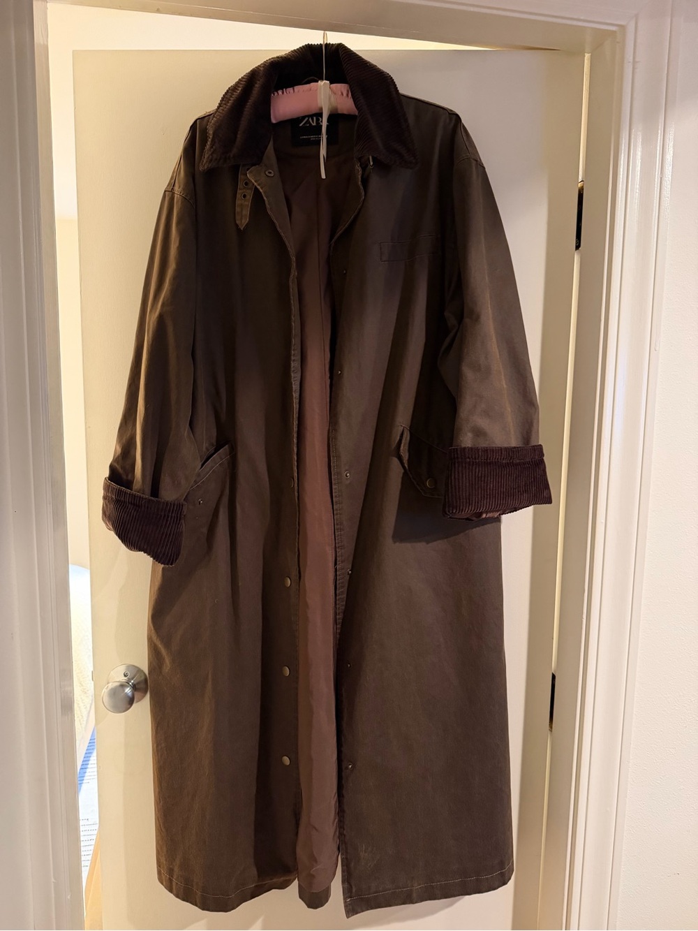 Zara Dark Brown Long Trench Coat with Corduroy Trim